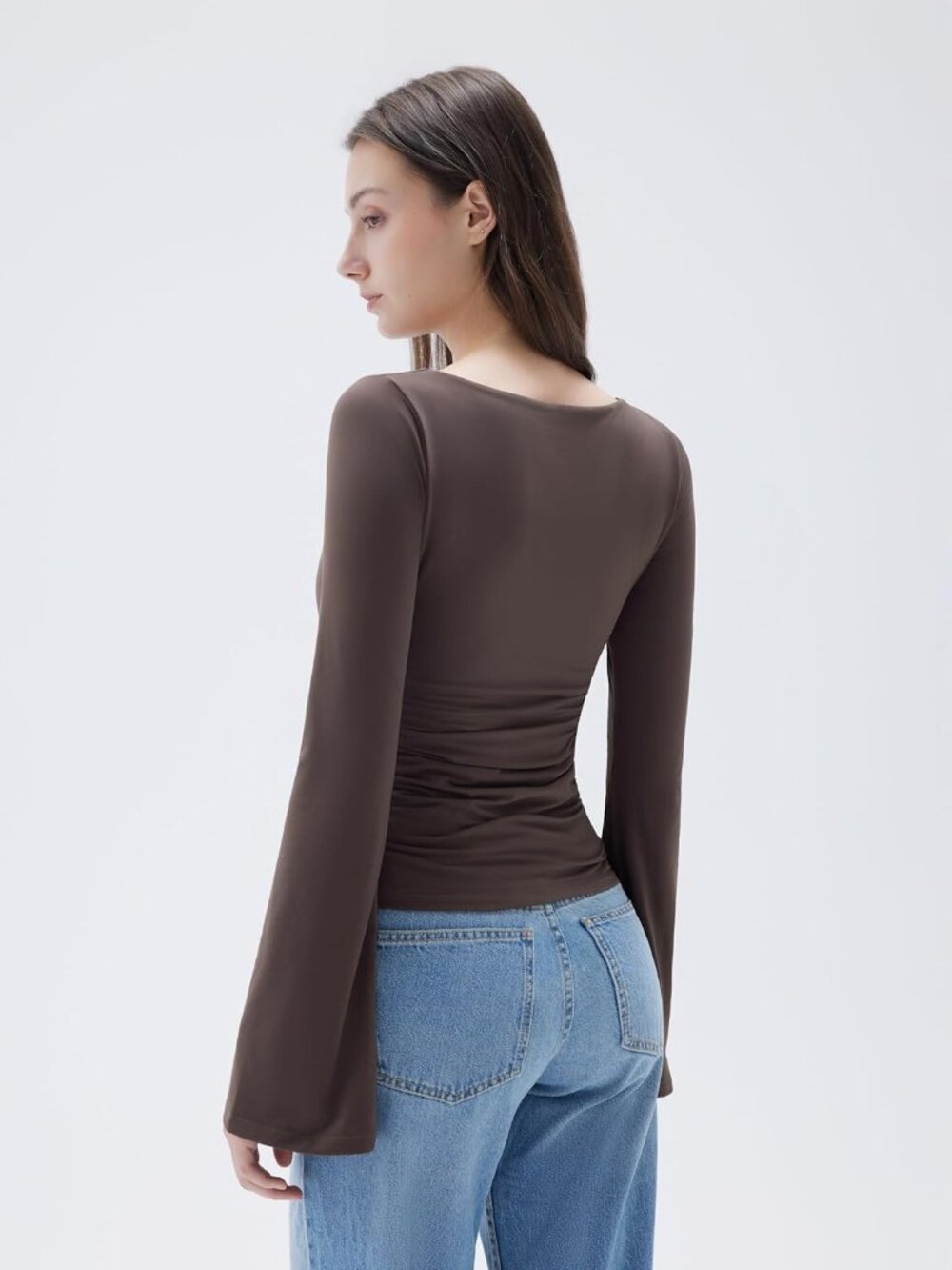 Women's Brown Long Sleeve Crew Neck Double Lined Casual Tops Basic T Shirts - Picture 3 of 6